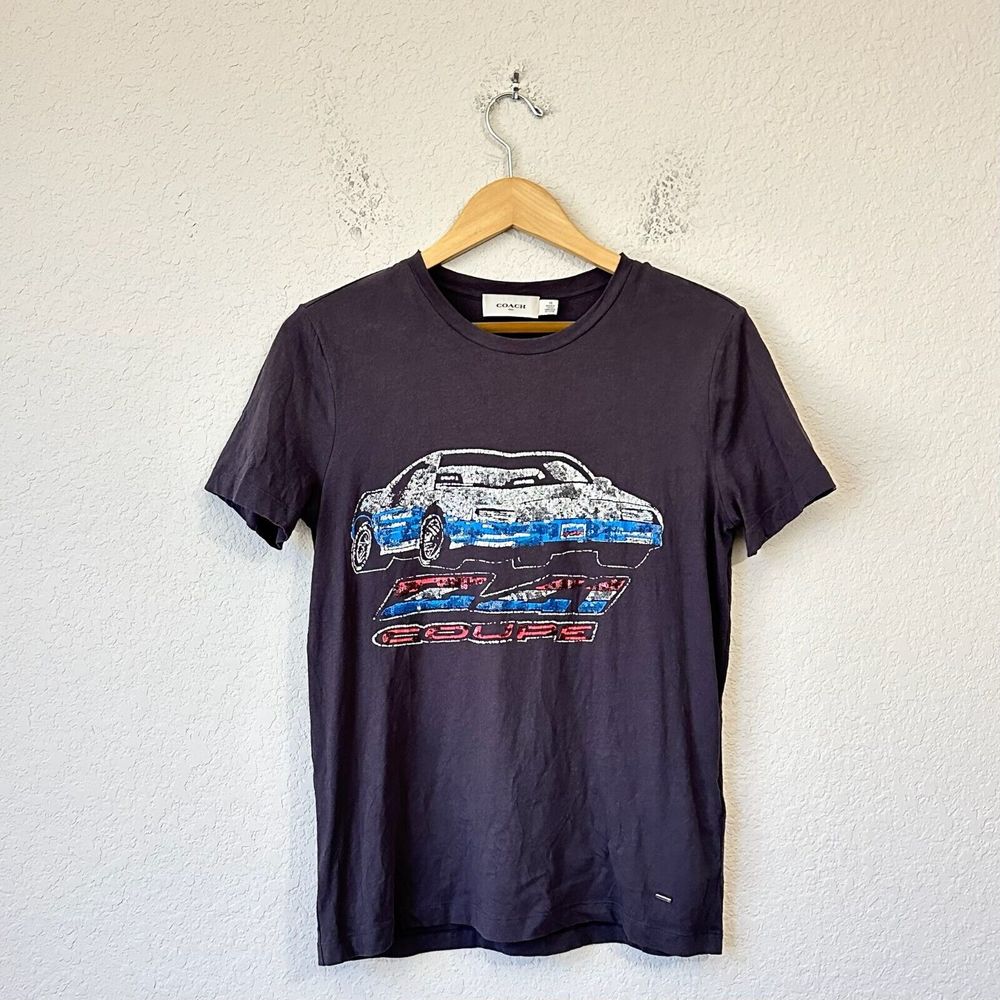 COACH Vintage Car T-Shirt Brown Sequins Short Sleeve Tee Retro